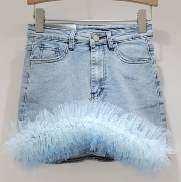 Women Fashion Ruffled Mesh Patchwork Denim Skirt
