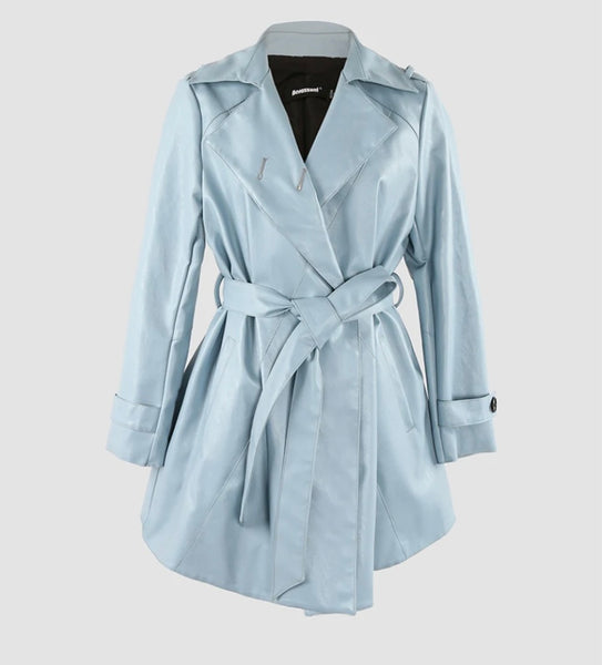 Women Fashion Blue Belted Faux Leather Trench Jacket