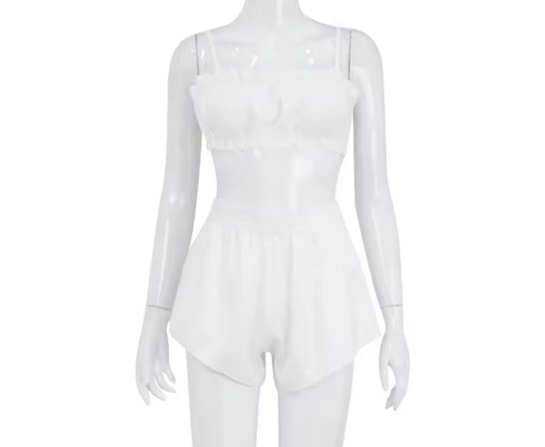 Women White Sexy Satin Ruffled Bow Lingerie Set