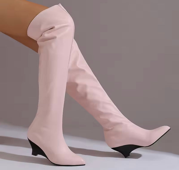 Women Color Fashion Over The Knee Wedge Boots