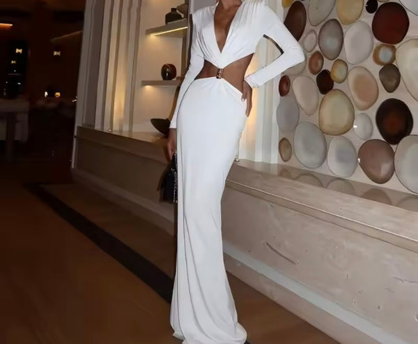 Women Sexy Solid Color Hollow Out Full Sleeve Maxi Dress