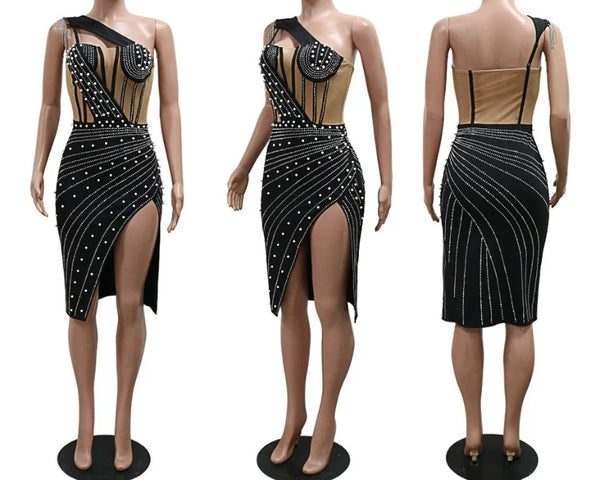 Women Sexy One Shoulder Sleeveless Pearl Beaded Dress