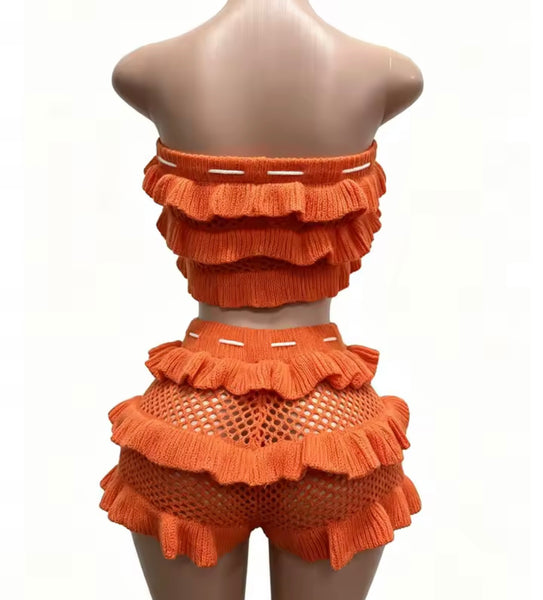 Women Sexy Strapless Tie Up Ruffled Knitted Two Piece Short Set
