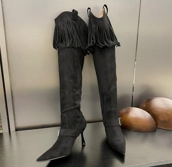 Women Fashion Suede Tassel Buckled Knee High Boots