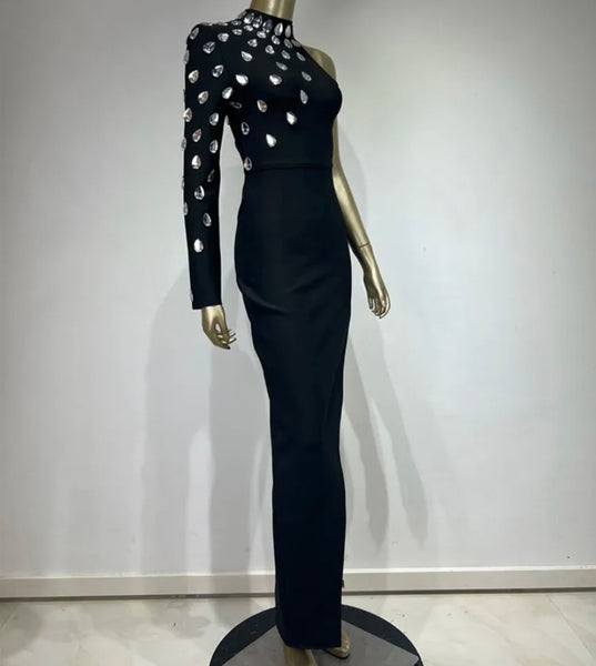 Women Sexy Black One Shoulder Full Sleeve Crystal Maxi Dress