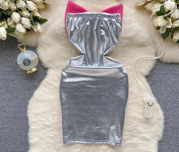 Women Sexy Strapless Silver Pink Bow PU Dress