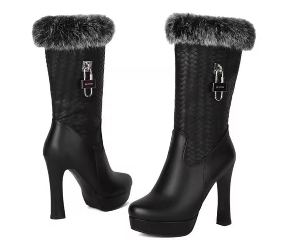 Women Fashion Faux Leather Fur Buckled Lock High Heel Boots