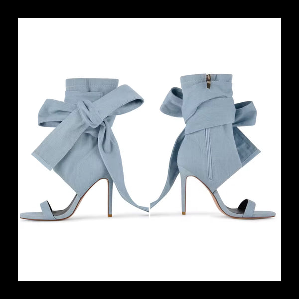 Women Fashion Denim Open Toe Bow High Heel Ankle Boots