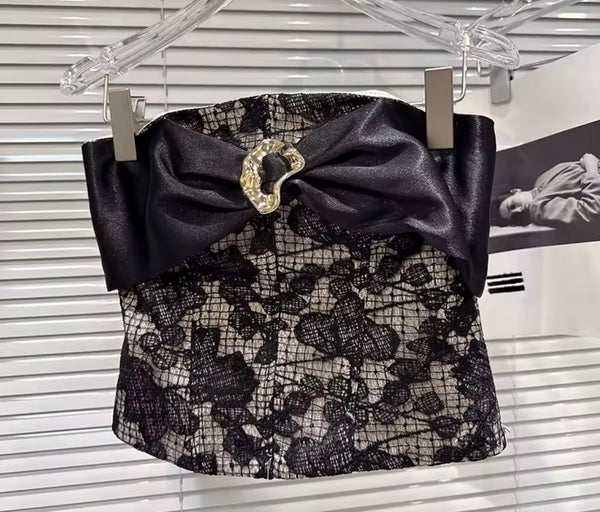 Women Sexy Black Lace Strapless Ribbon Two Piece Skirt Set