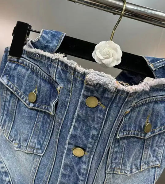 Women Sexy Fashion Button Up Crop Two Piece Denim Pant Set