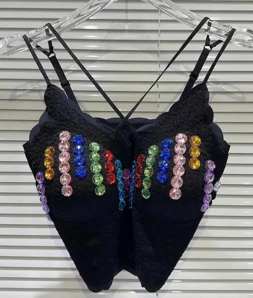 Women Sleeveless Colorful Rhinestone Crop Top