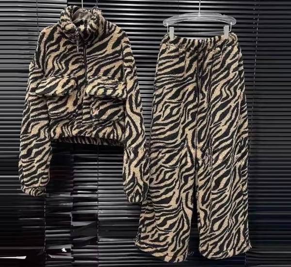 Women Fashion Animal Print Sweater Two Piece Pant Set