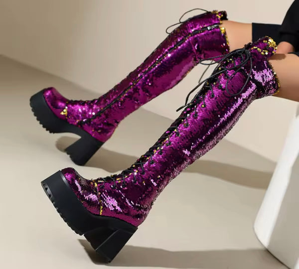 Women Fashion Platform Sequins Lace Up Knee High Boots