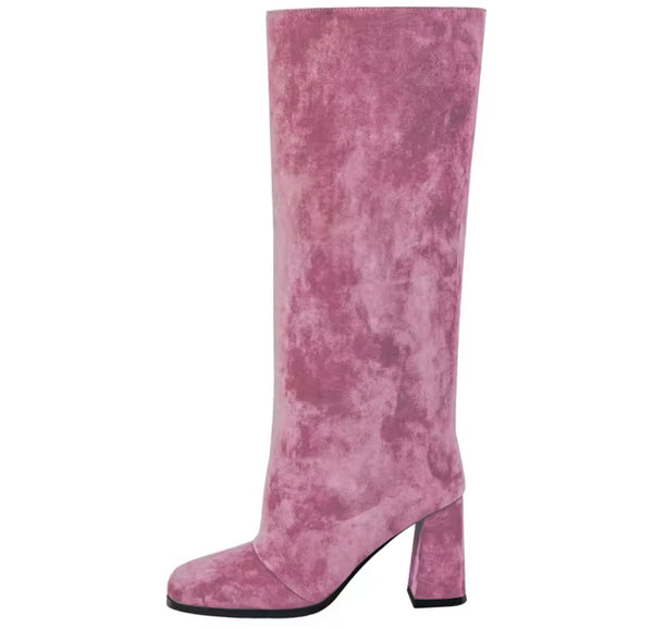 Women Fashion Color Square Toe Suede Knee High Boots