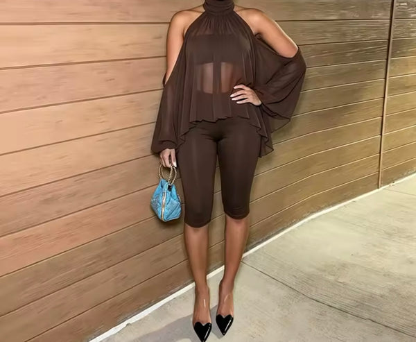 Women Open Shoulder Mesh Full Sleeve Three Piece Capri Pant Set