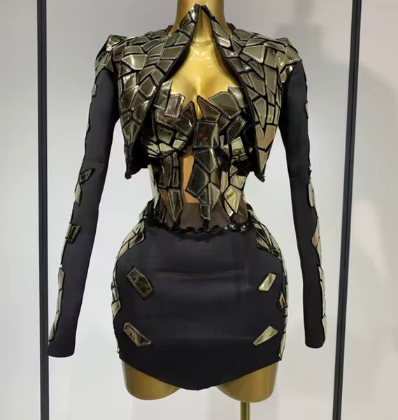 Women Sexy Metallic Color Patchwork Strapless Dress Jacket Set