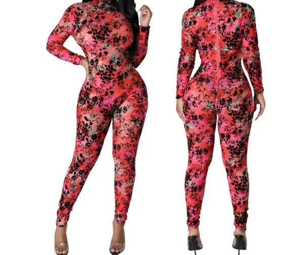 Women Sexy Full Sleeve Floral Mesh Jumpsuit