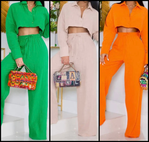 Women Solid Color Button Up Full Sleeve Crop Two Piece Pant Set