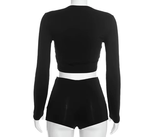Women Black Sexy Fashion Full Sleeve Two Piece Short Set
