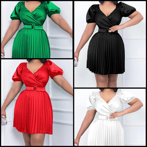 Women Sexy Short Sleeve Satin Belted Pleated Dress