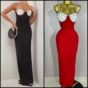 Women Sexy Rhinestone Color Patchwork Sleeveless Maxi Dress