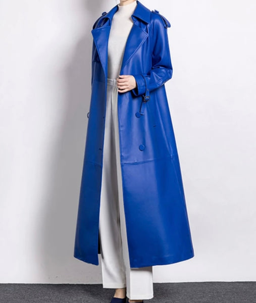 Women Blue Faux Leather Fashion Trench Jacket