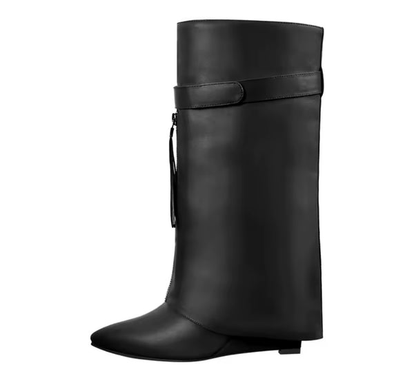 Women Fashion Pointed Toe Front Zipper Wedge Knee High Boots