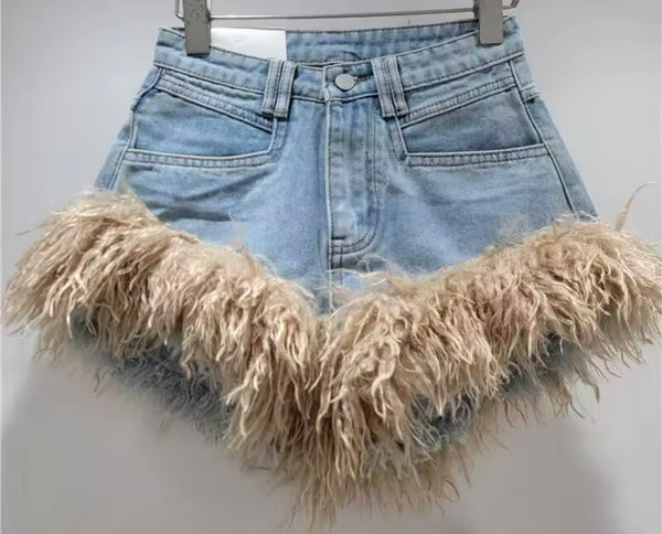 Women Fashion Fur Patchwork Denim Shorts