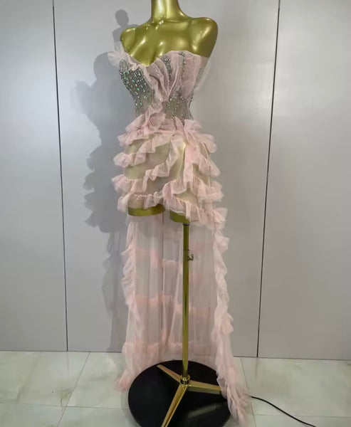 Women Sexy Pink Strapless Ruffle Rhinestone Asymmetrical Dress