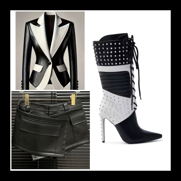 Women Fashion B&W Faux Leather Blazer Jacket