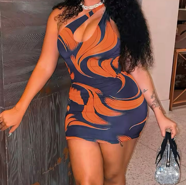 Women One Shoulder Colorful Cut Out Dress