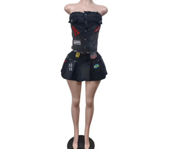 Women Button Up Strapless Denim Patchwork Two Piece Skirt Set