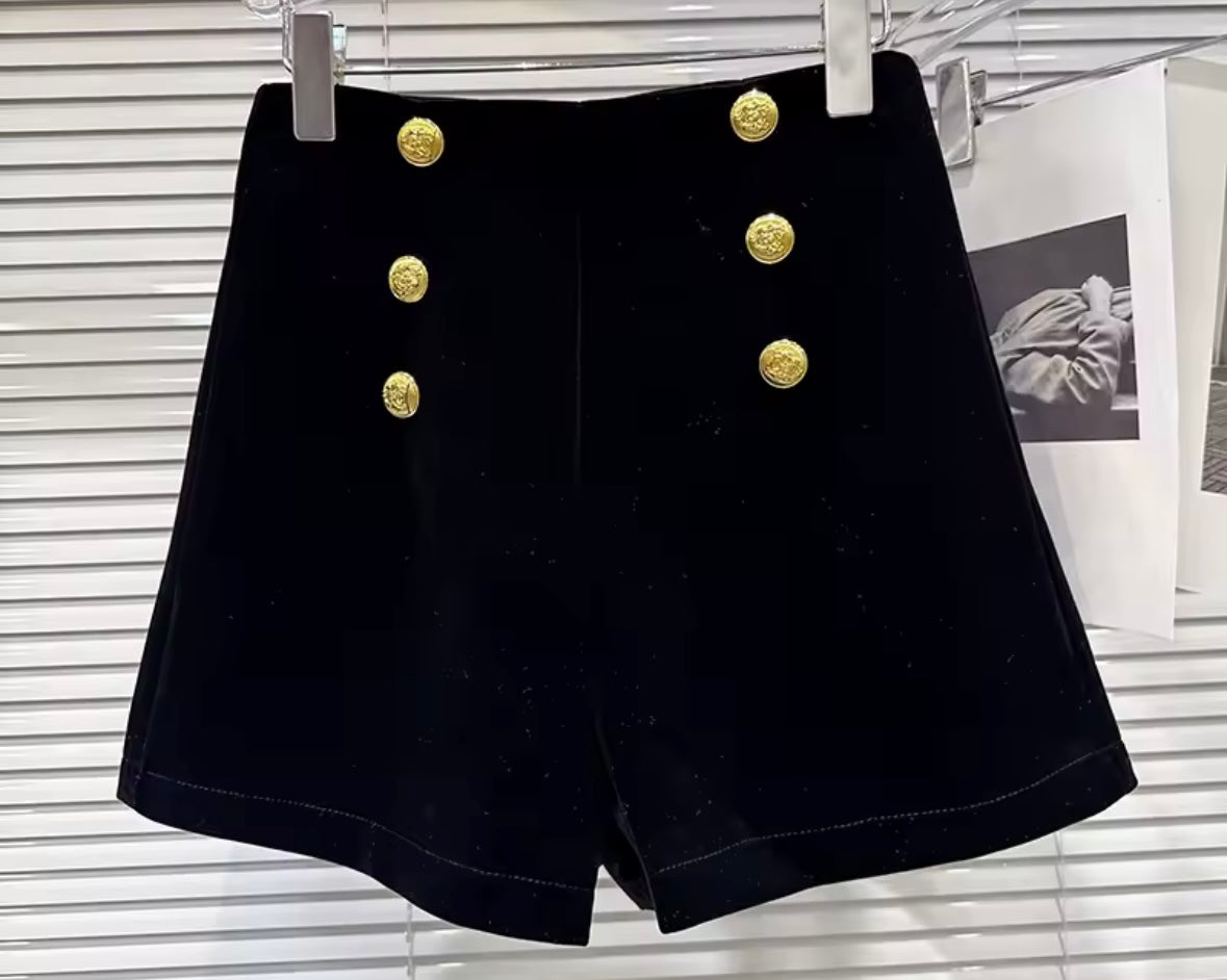 Women Fashion Velour Gold Button High Waist Shorts
