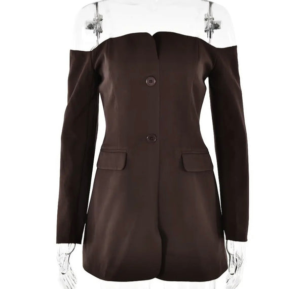 Women Sexy Off The Shoulder Button Up Full Sleeve Blazer Dress