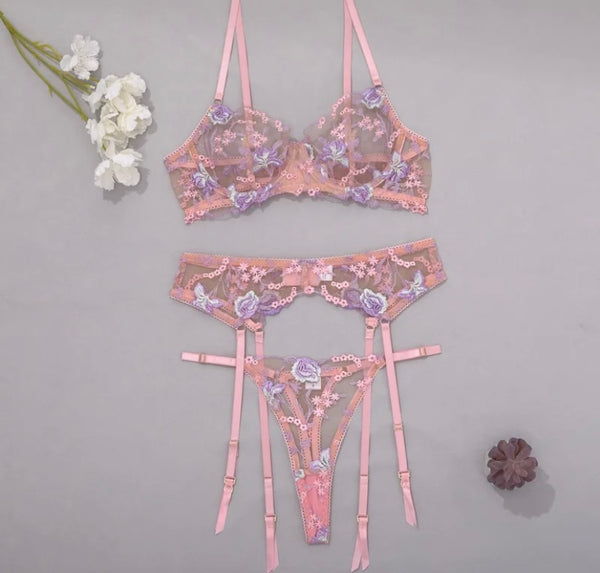 Women Sexy Pink Lace Floral Lingerie Set