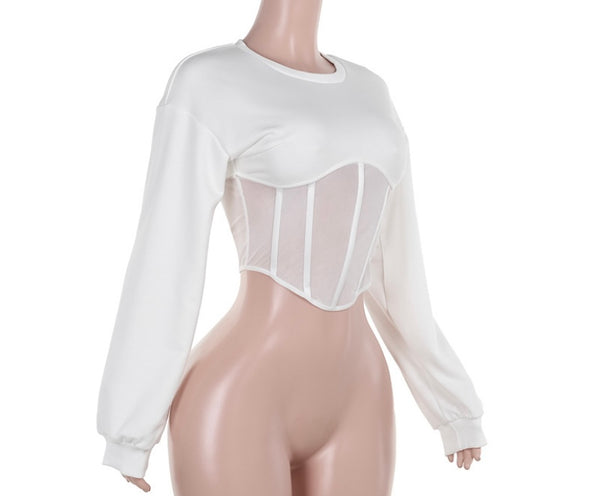 Women Mesh Patchwork Fashion Full Sleeve Top