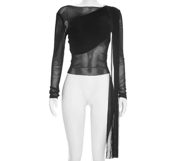 Women Fashion Draped Mesh Full Sleeve Top