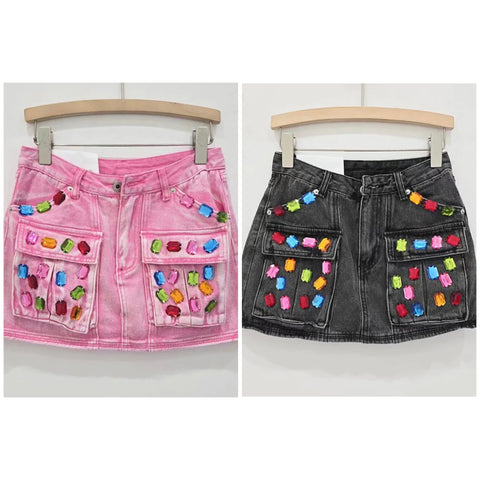 Women Fashion Color Crystal Patchwork Denim Skirt