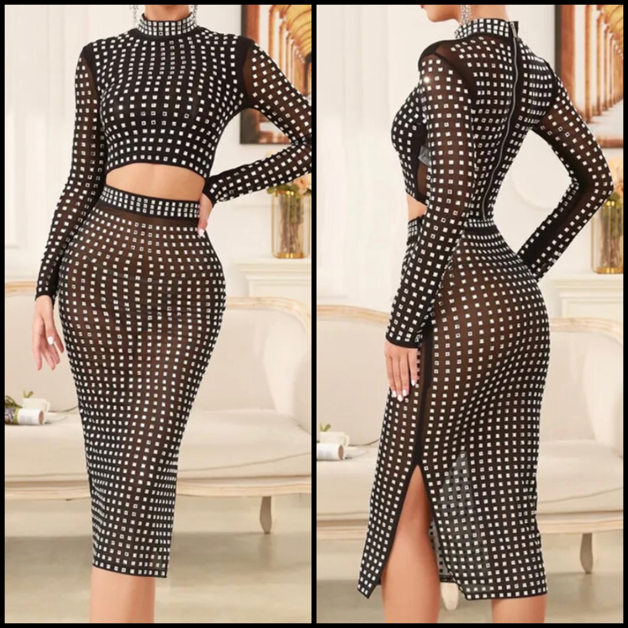 Women Sexy Black Bling Mesh Full Sleeve Crop Two Piece Maxi Skirt Set