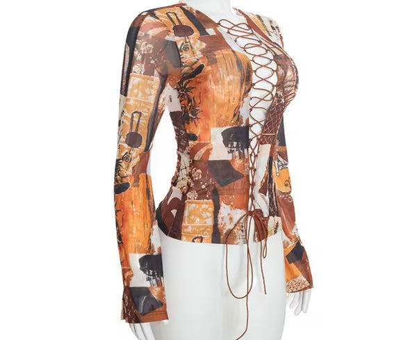 Women Sexy Cut Out Lace Up Full Flare Sleeve Top