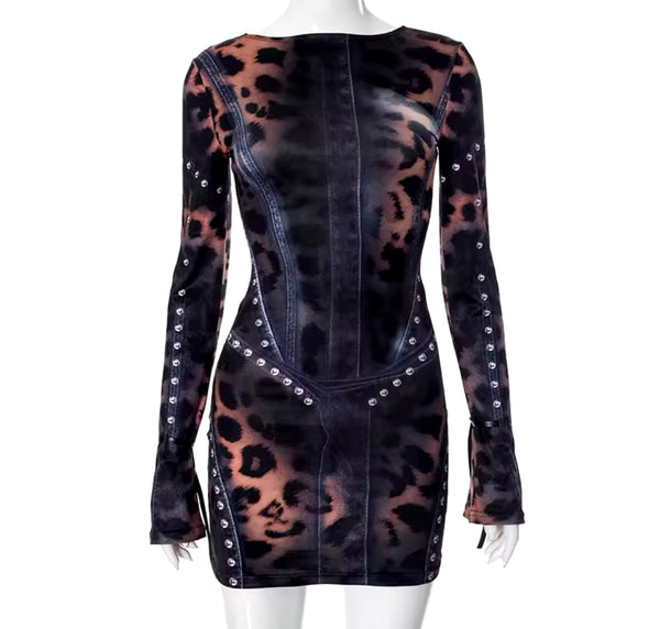 Women Sexy Leopard Rivet Full Sleeve Dress