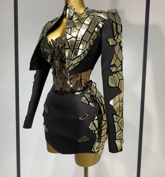 Women Sexy Metallic Color Patchwork Strapless Dress Jacket Set