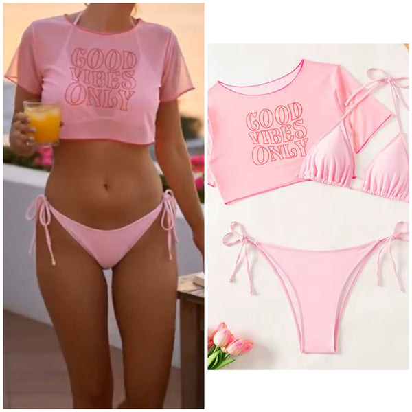 Women Pink Sexy Bikini Letter Print Mesh Cover Up Set