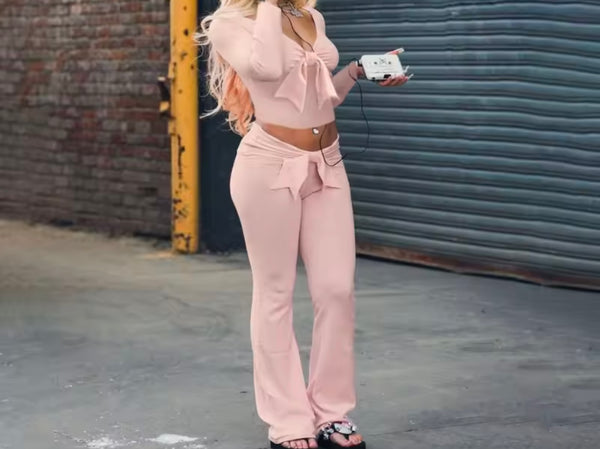 Women Bow Pink Full Sleeve Fashion Two Piece Pant Set