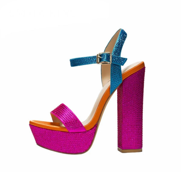 Women Fashion Bling Color Patchwork Platform Ankle Strap Sandals