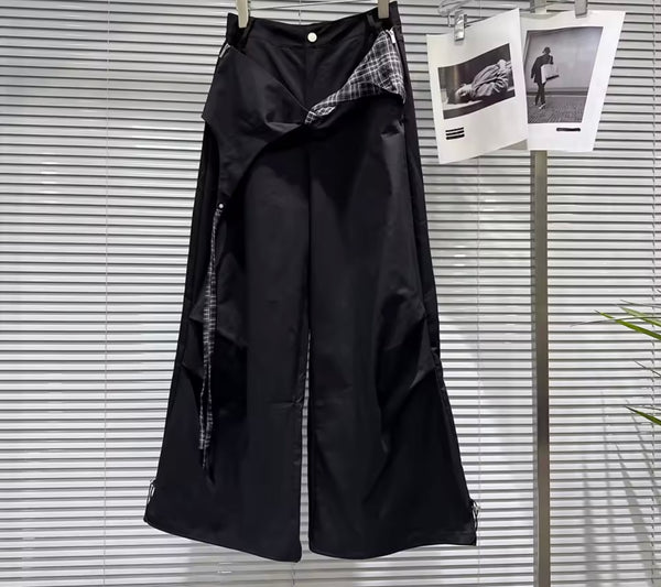 Women Fashion Plaid Belted Wide Leg Pants