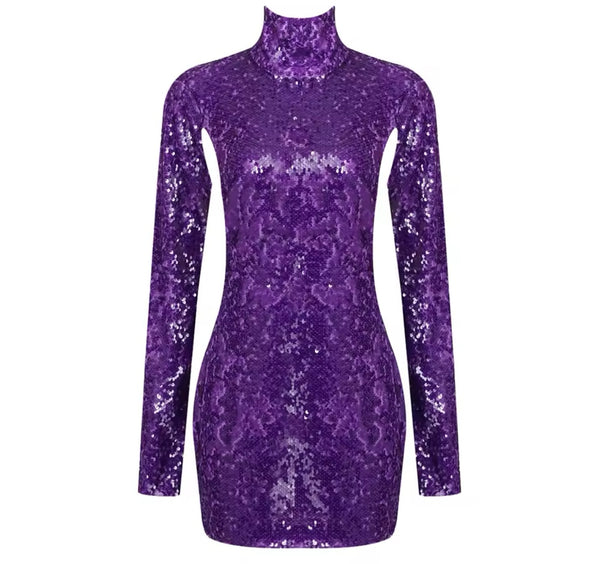 Women Sexy Purple Sequins Full Sleeve Open Back Dress