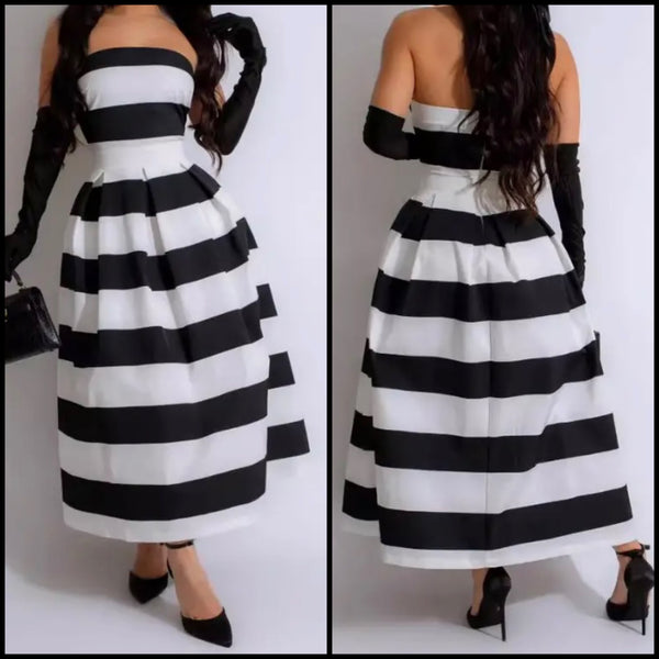 Women Sexy B&W Striped Strapless Maxi Dress