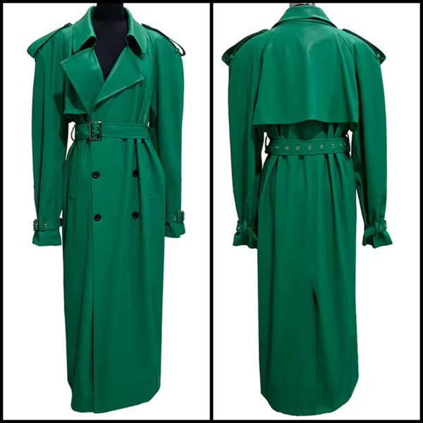 Women Green Faux Leather Fashion Trench Jacket