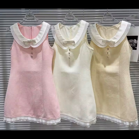 Women Sleeveless Ruffled Color Patchwork Tweed Dress